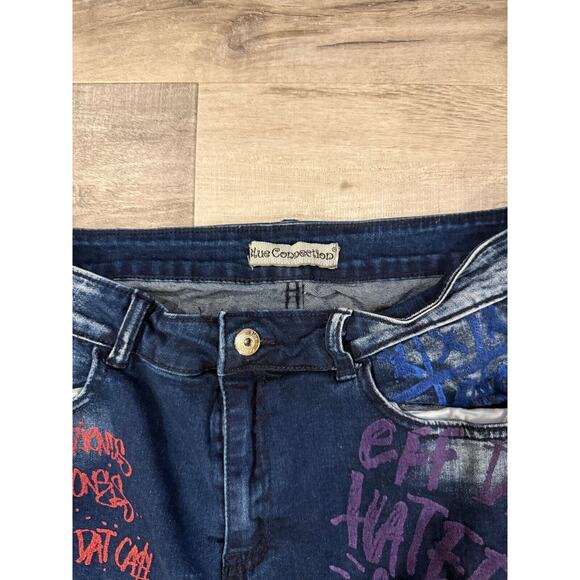 Blue Connection Distressed Graffiti Jeans Womens 15 Blue Denim 5 Pockets Preppy - Picture 3 of 13
